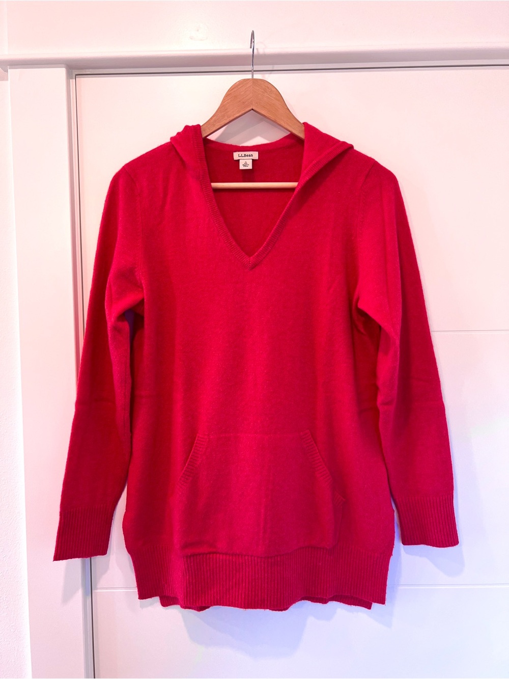 L.L. Bean Womens Cashmere V-Neck Hoodie Sweater, Bright Coral Pink S